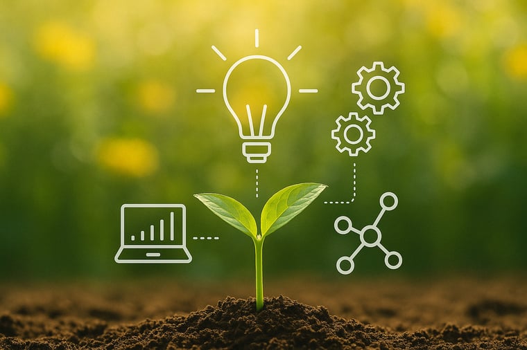 A young green seedling emerging from dark soil, bathed in warm sunlight, with white icons of a lightbulb, gears, a laptop with a bar chart, and a network symbol hovering above it, representing innovation, growth, and development